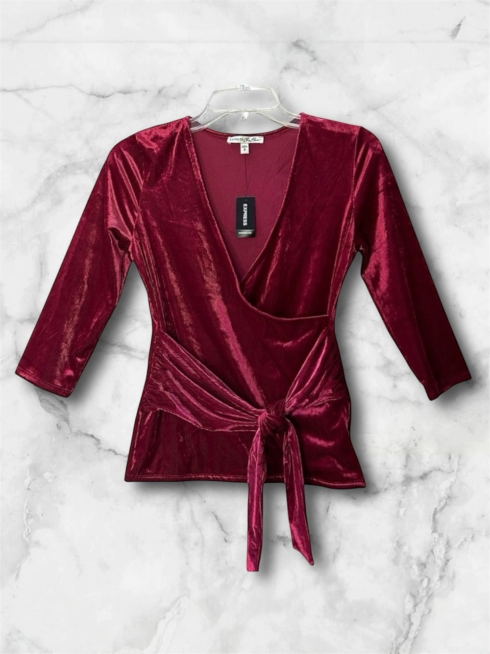 NWT Express Tie Front Velour Wrap Top Burgundy V Neck Size S - Picture 2 of 10